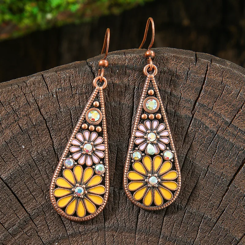 Vintage Yellow Floral Teardrop Earrings