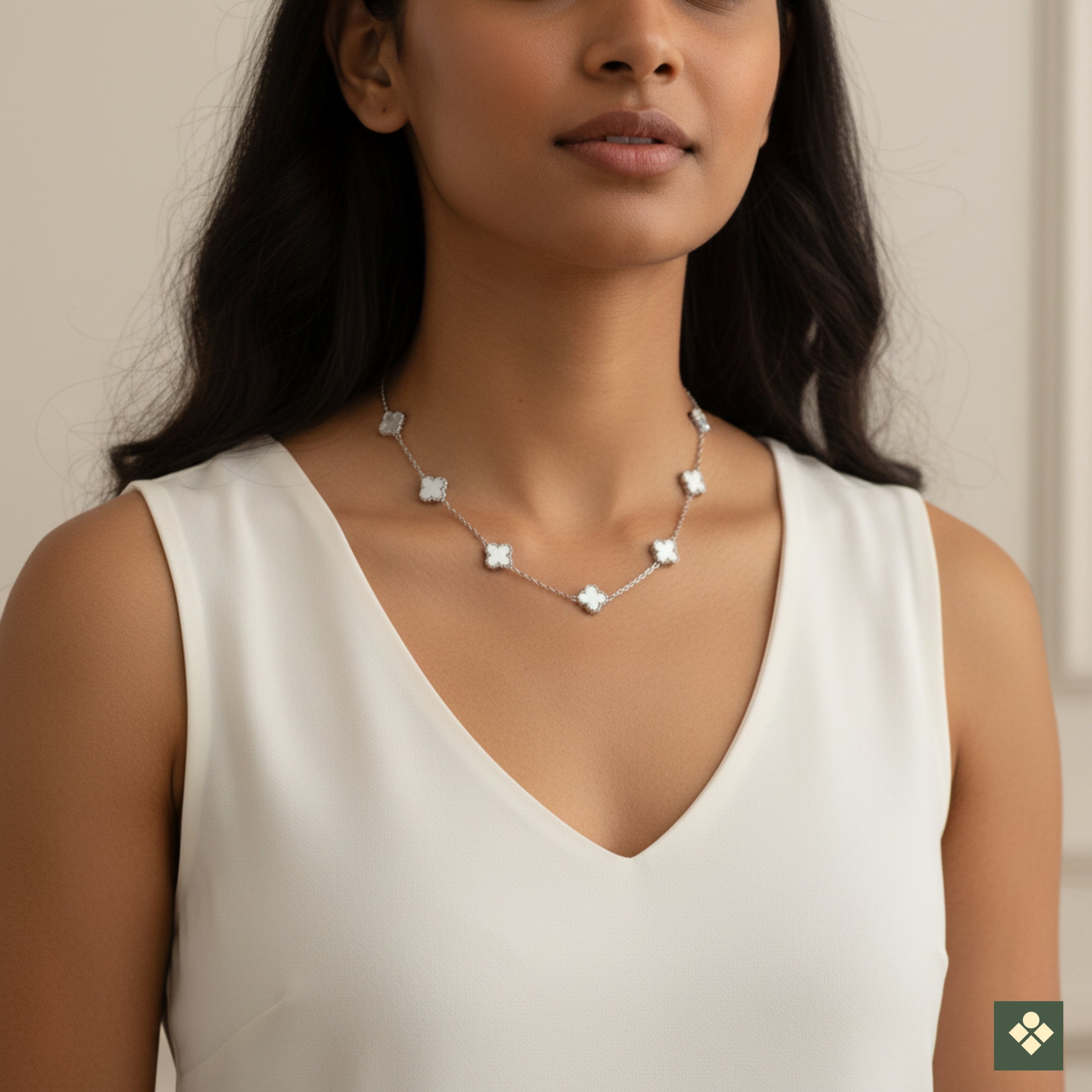 Silver Border White Clover Necklace