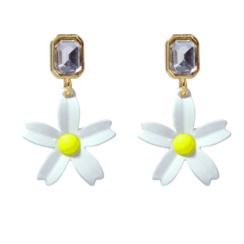 Pair of flower-shaped earrings with white petals and yellow centers