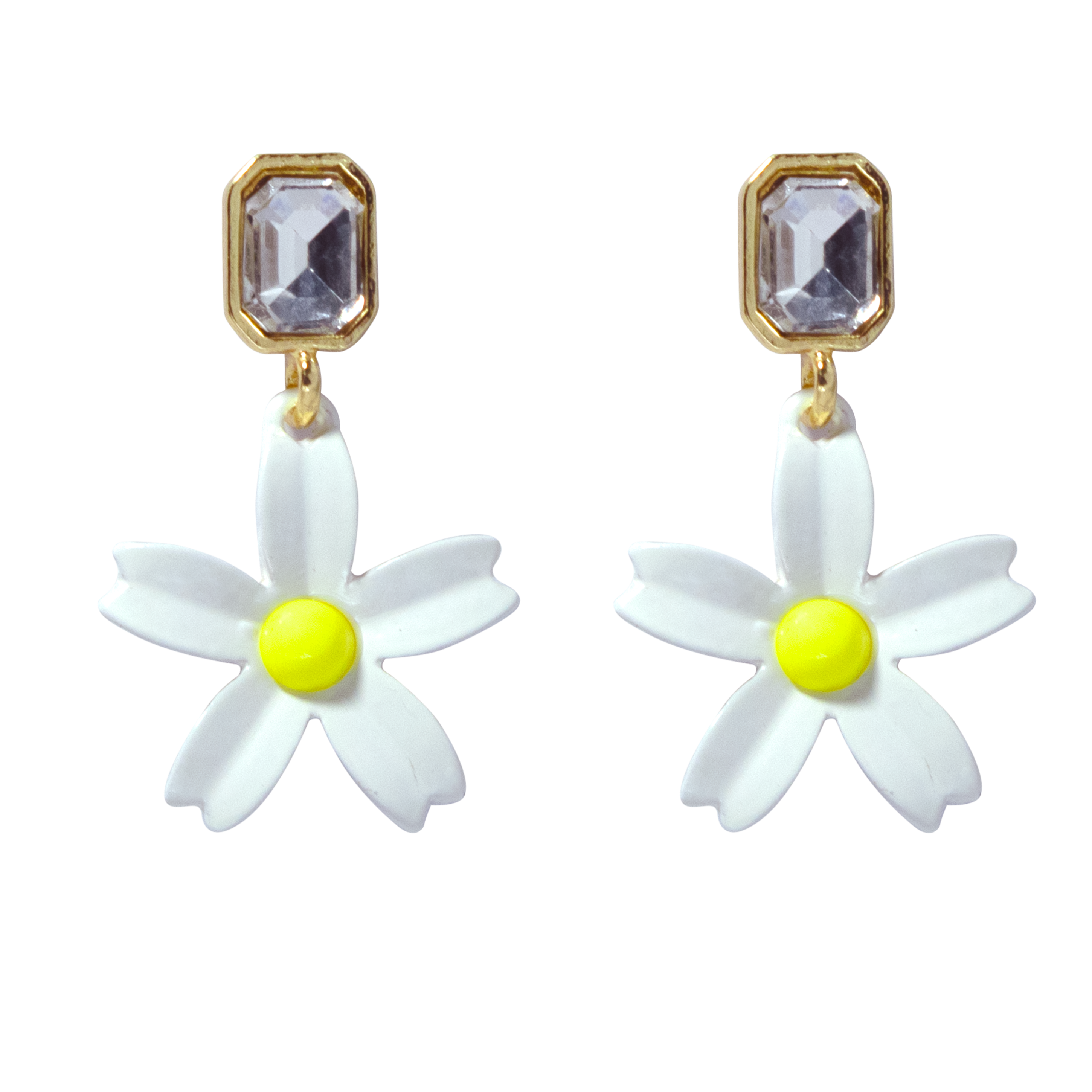 Pair of flower-shaped earrings with white petals and yellow centers