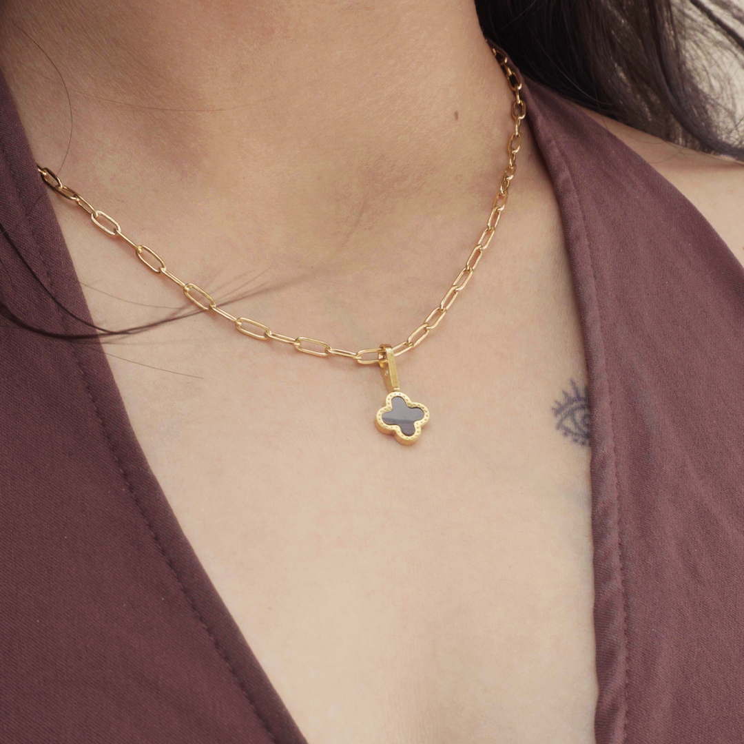 Chunky Gold Chain Necklace with Black Clover Charm