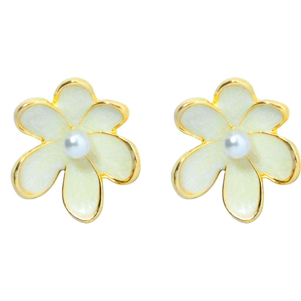 Flower-shaped earrings with gold rims and pearl centers