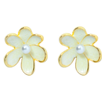 Flower-shaped earrings with gold rims and pearl centers