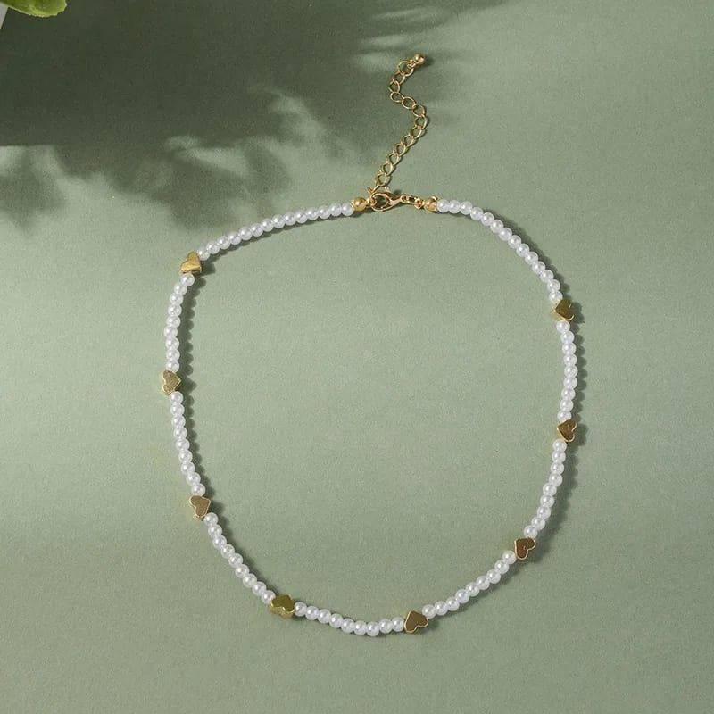 Pearl Choker – Dainty Gold Heart Beaded Necklace