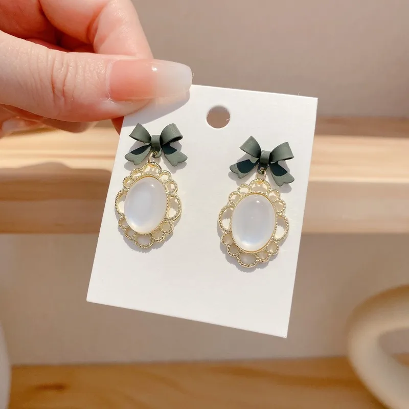 Vintage Bow & Opalite Cameo Drop Earrings