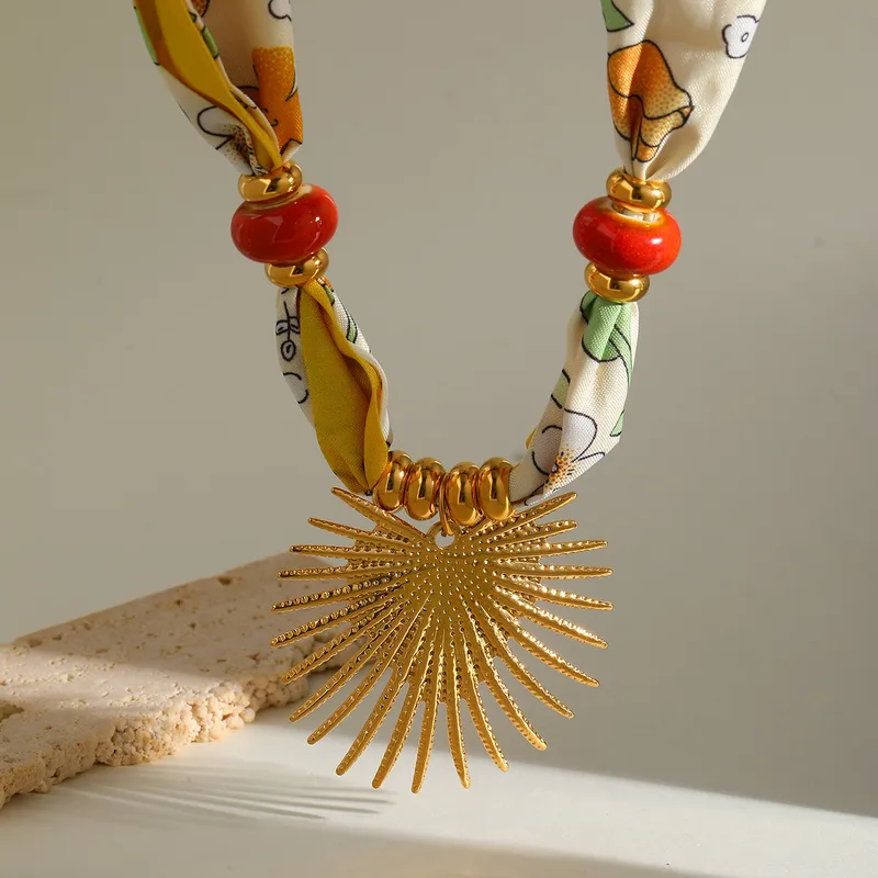 Gold Sunburst & Silk Scarf Statement Necklace