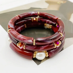Burgundy Marbled Resin & Pearl Bracelet Set (3-Piece)