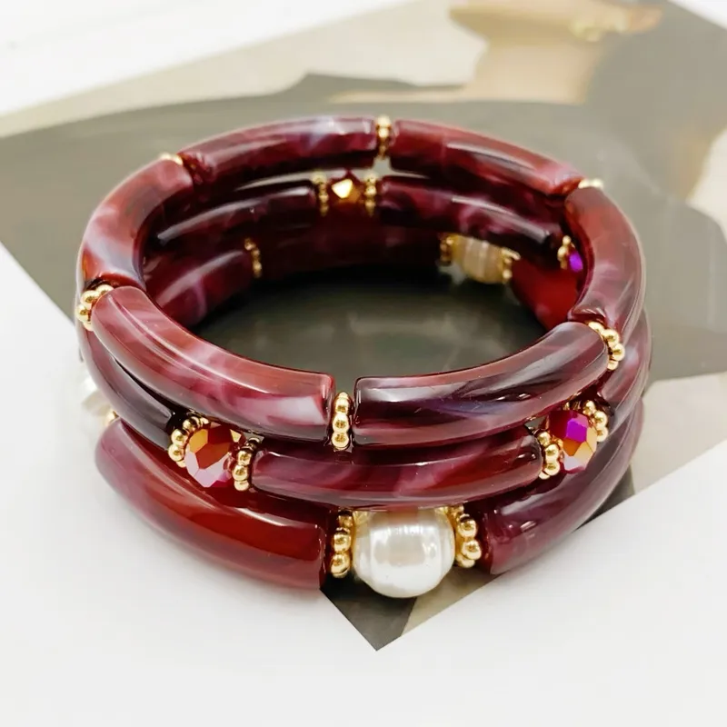 Burgundy Marbled Resin & Pearl Bracelet Set (3-Piece)