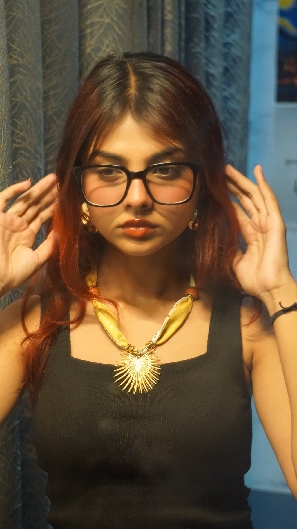 Gold Sunburst & Silk Scarf Statement Necklace