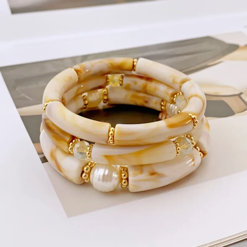 Marbled Resin & Pearl Stretch Bracelet Set (3-Piece)