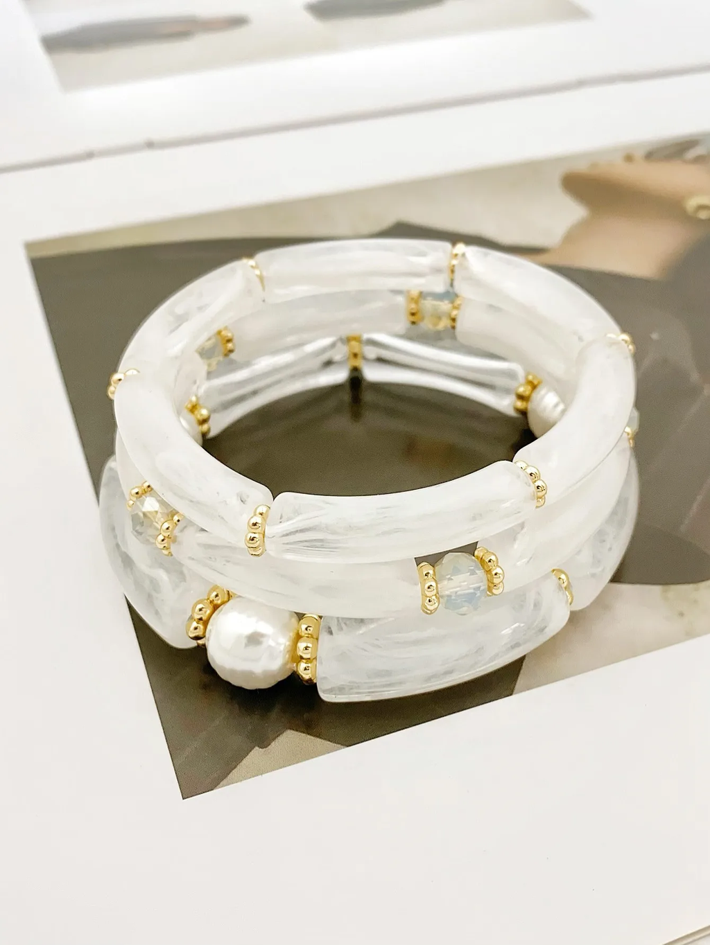 3 - Piece White Resin & Pearl Stretch Bracelet Set