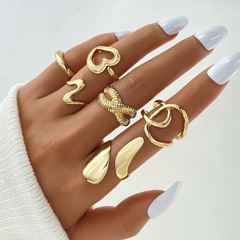6-Piece Abstract Gold Statement Ring Set