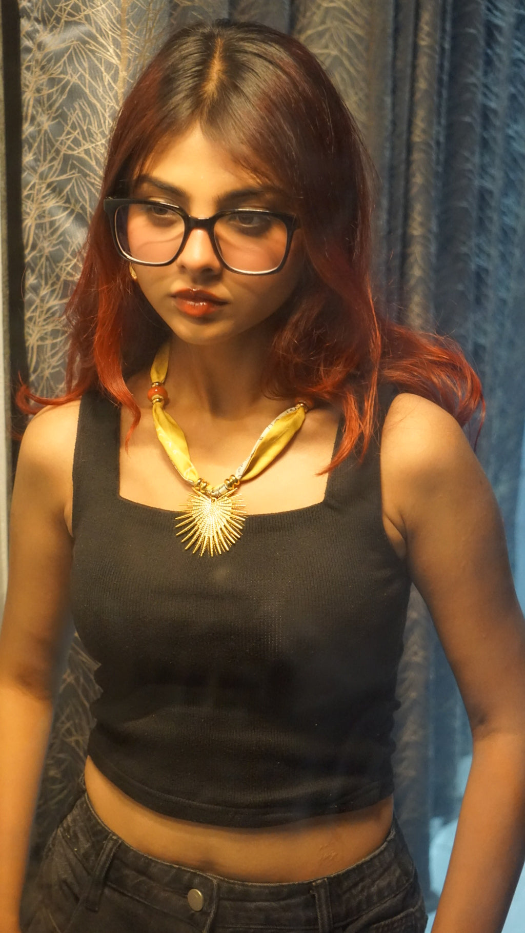 Gold Sunburst & Silk Scarf Statement Necklace